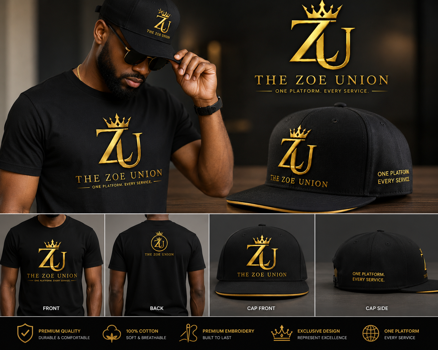 The Zoe Union signature black shirt and cap